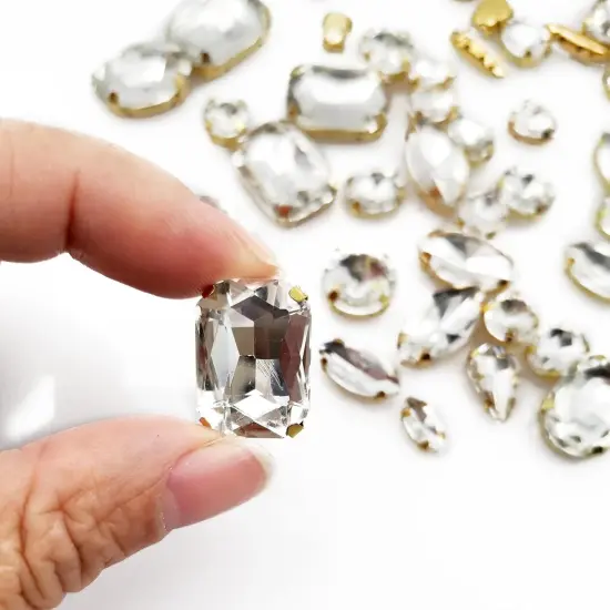 Rhinestones for Crafting, 50pcs Sew on Rhinestones Flatback Crystal Rhinestones Mixed Shapes with Metal Claw for Craft Clothes Jewelry Shoes Bags DIY Decoration (White) {2}