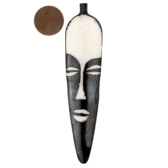 The Bead Chest Elongated Mask Batik Bone Feather Pendant 100x22mm Kenya African Black and White Flat Handmade {2}
