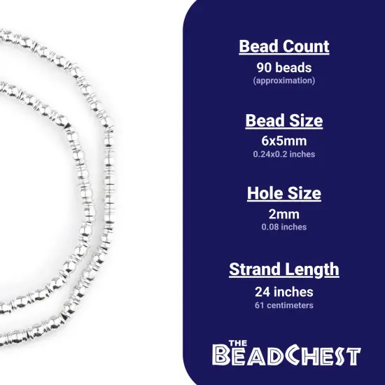 The Bead Chest Shiny Silver Beveled Barrel Beads 6x5mm Unusual White Metal Large Hole 24 Inch Strand {3}