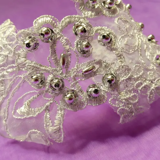 1 Pair Beaded & Corded Lace Applique Embroidered on 100% Polyester Organza 7.5" x 2.75" Each Side White {7}