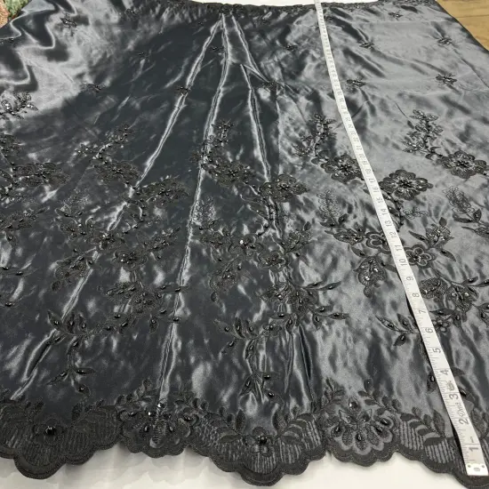 1 Yard Beaded Bridal Lace Fabric Embroidered on 100% Polyester Satin 54" Wide Navy {2}