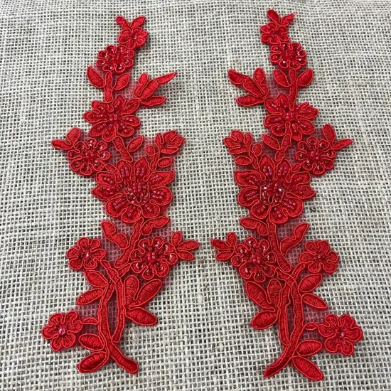 1 Pair Beaded & Corded Floral Lace Applique 10" x 2" Each Side Red Color {1}