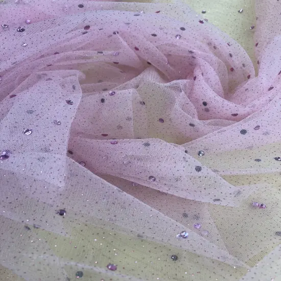 1 Yard Glitter Mesh Fabric with Scattered Rhinestones 60" Wide, 2-Way Stretch Sparkle Mesh for Gowns, Bridal Wear & Costumes Pink {1}