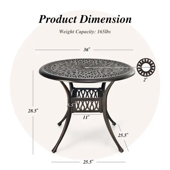 Costway 36'' Patio Round Dining Bistro Table Cast W/2'' Umbrella Hole {5}