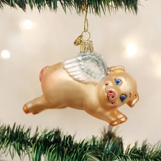 Old World Christmas 3.0 Inch Flying Pig Christmas Tree Ornament , Ornament Hog Wings Porkopolis Beige {3}