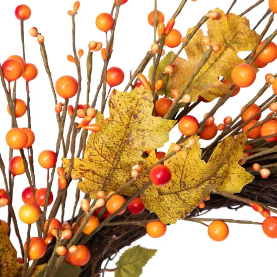 Northlight Berries and Maple Leaves Fall Harvest Artificial Twig Wreath - 22" Yellow {7}