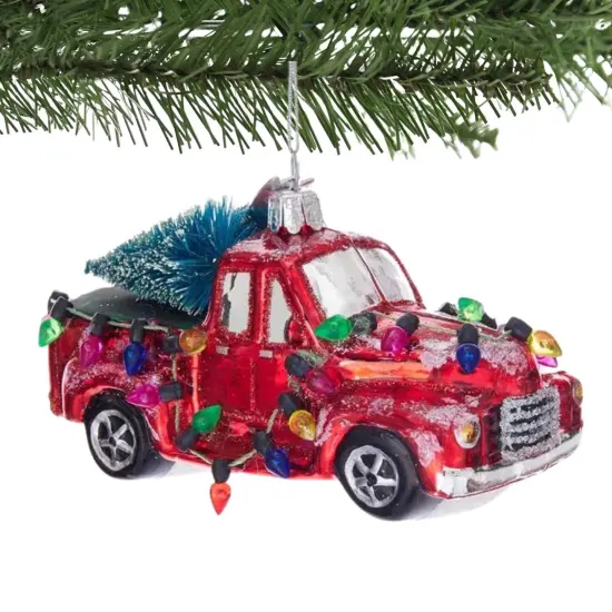 Noble Gems 2.5 Inch Truck Carrying Trees Ornament Christmas Tree Ornament , Bottle Brush Lights Red {3}