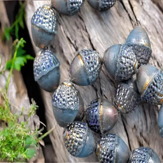 *8* 10x12mm Gold AB Washed Matte Dark Sky BlueAcorn Oval Beads {3}