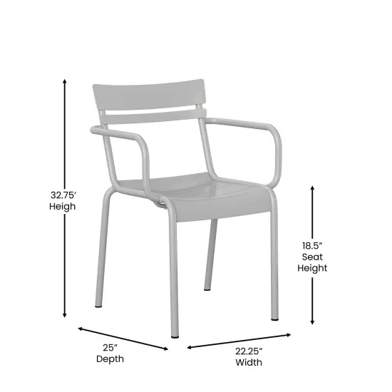 Emma and Oliver Rennes Powder Coated Steel Stacking Dining Chair with Arms and 2 Slat Back for Indoor-Outdoor Use Silver {5}