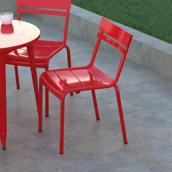 Emma and Oliver Rennes Armless Powder Coated Steel Stacking Dining Chair with 2 Slat Back for Indoor-Outdoor Use {8}