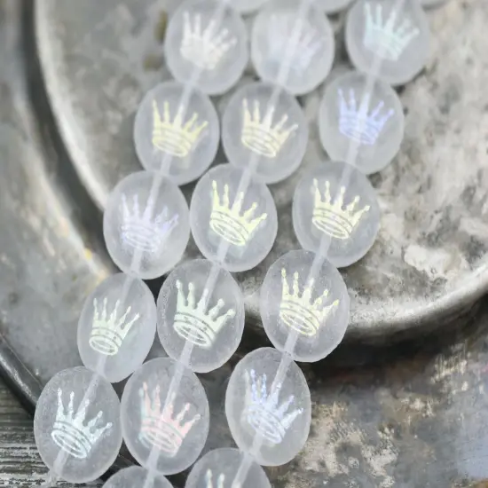 *8* 14mm Laser Etched Frosted Crystal Crown Coin Beads {6}
