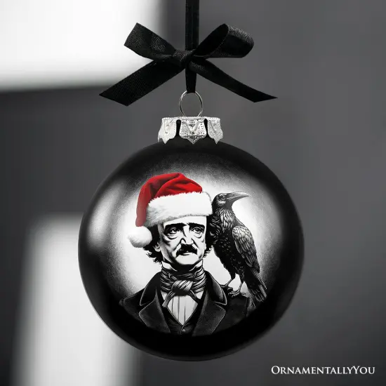 Edgar Allan Poe Spooky Christmas Portrait Glass Ornament, Black Horror Halloween Tree Decoration {4}
