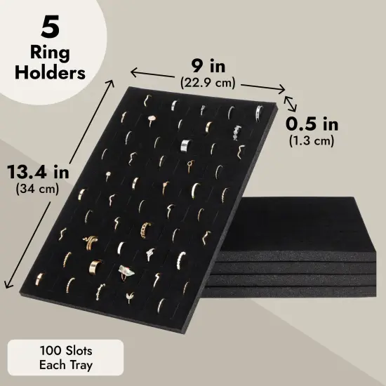 5-Pack 100 Slots Velvet Ring Insert Display Tray - Foam Holder Organizer for Storage Box and Selling Jewelry (13 x 9 In, Black) {5}