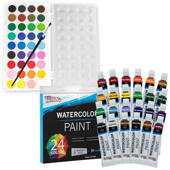 U.S. Art Supply 70-Piece Artist Watercolor Painting Set with Aluminum Field Easel, Wood Table Easel, 60 Watercolor Paint Colors, 34 Brushes 2 Canvases {4}