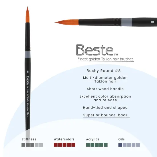 Creative Mark Beste Golden Taklon Bushy Round, #8 Artist Paint Brush, Professional Watercolor Brushes, For Acrylic Painting, Short Handle, Sharp Edges, Hand-Tied & Shaped {3}