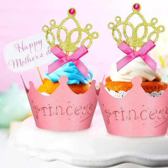 72 Pieces Glittery Princess Cupcake Toppers Crown Wrapper Holder Pink Gold Crown Tiara Pick Glitter Heart Cupcake Topper Baby Shower Decoration for Birthday Wedding Party Decor {5}