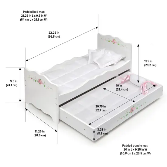 Badger Basket Doll Bed with Trundle and Bedding - White Rose {4}