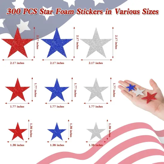 300 PCS 4th of July Star Stickers, Red Silver and Blue Glitter Stickers {2}