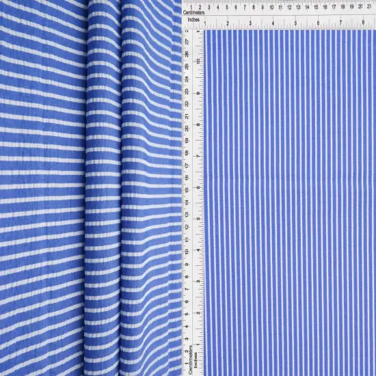 1 Yard Seersucker Stripe Fabric, 58/59&Prime; Wide Polyester Rayon Blend DENIM {1}
