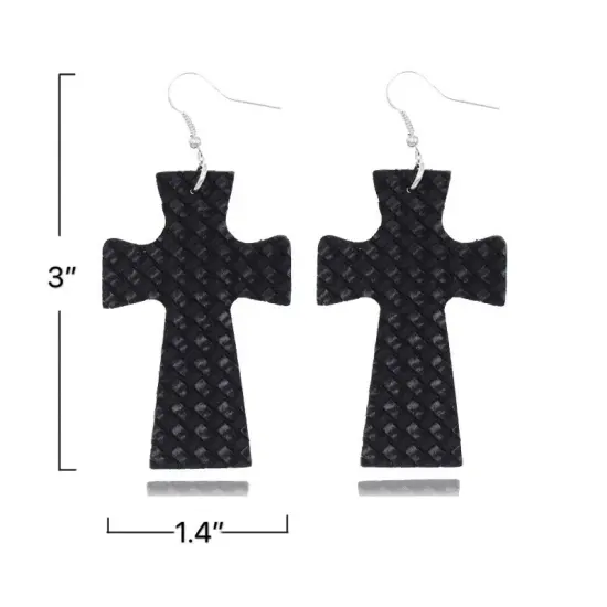 Glitter Marble Cross PU Leather Boho Dangle Earrings Black {5}