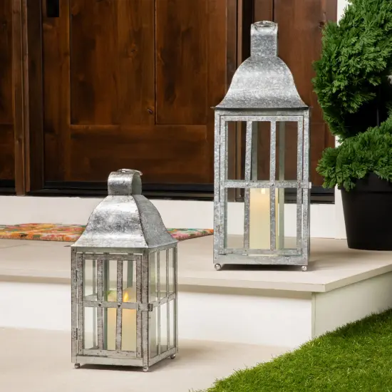 Northlight Distressed Galvanized Metal Candle Lanterns - 23.75" - Set of 2 Silver {1}