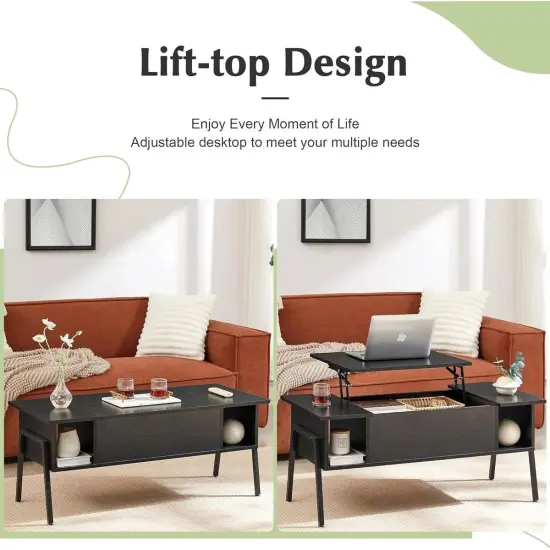 Modern Wood Coffee Table with Lift-Top Adjustable Desk and Storage Shelf for Living Room Black {2}