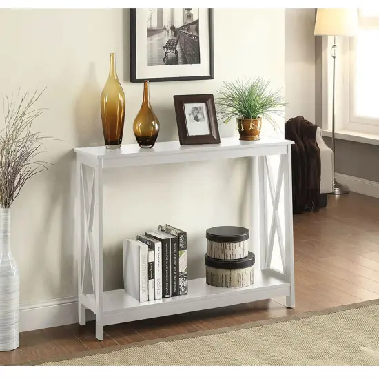 Modern Wood Entryway Sofa Console Table with Bottom Shelf for Living Room and Hallway White {2}