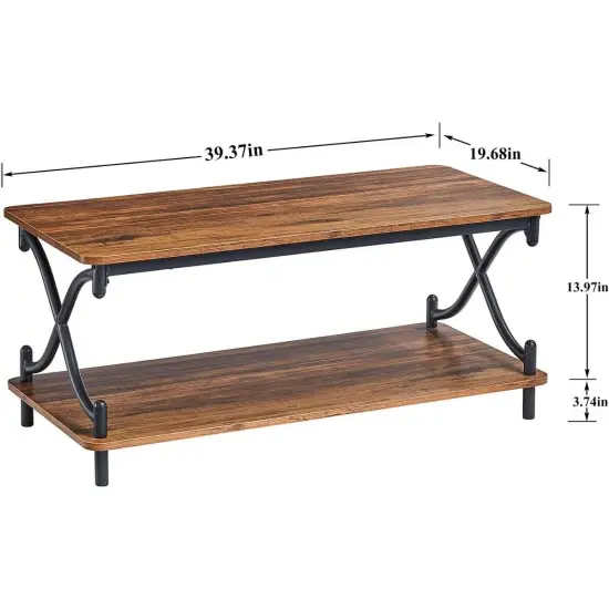 39-Inch Modern Rectangular Coffee Table with Metal Frame and Storage Shelf for Living Room Black & Brown {2}