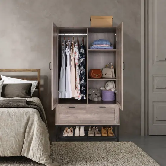 Tall Freestanding Wardrobe Closet with Hanging Rods and Storage Drawer for Bedroom or Entryway {3}