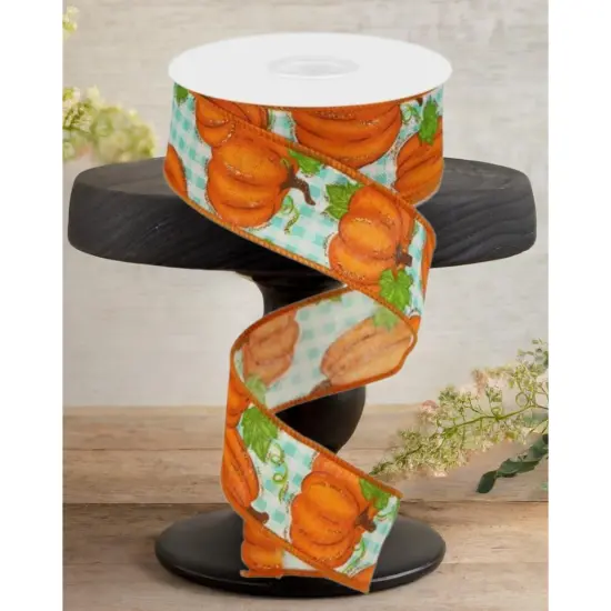 1.5" Pumpkin Patch Ribbon: Turquoise Check (10 Yards) {2}
