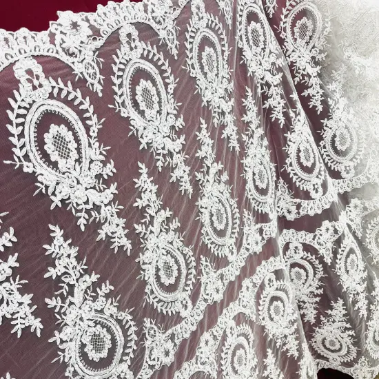1 Yard White Beaded & Corded Embroidered Lace Fabric, 100% Polyester Mesh, 48" Wide, Elegant Fabrication for Gowns & D&eacute;cor {1}
