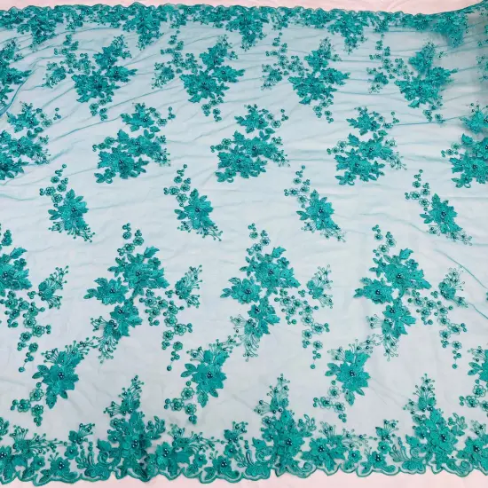 1 Yard Beaded Rhinestone 3D Floral Lace Fabric Embroidered Mesh Gown 52" Width Fuchsia {3}