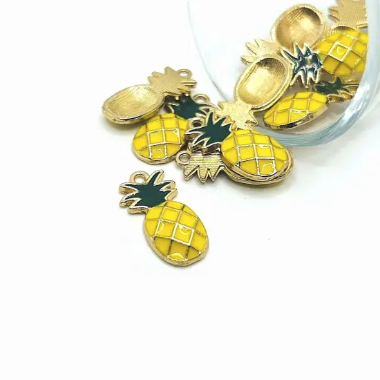 Yellow and Green Enamel Pineapple Charms with Gold Plating, 23x12mm {1}