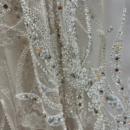 1 Yard Light Blue Beaded Lace Embroidered Fabric, 100% Polyester Net Mesh, 50&rdquo; Wide Champagne {7}