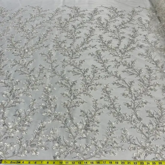 1 Yard Ivory Silver Beaded 3D Floral Lace Fabric, Embroidered Polyester Mesh, 54" Wide Ivory with Silver {5}