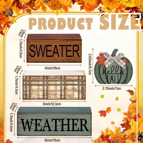 4PCS Wooden Pumpkin Fall Tabletop Decor &ndash; Rustic Tiered Tray & Table Centerpiece, Farmhouse Decorative Block Signs for Autumn & Thanksgiving {2}
