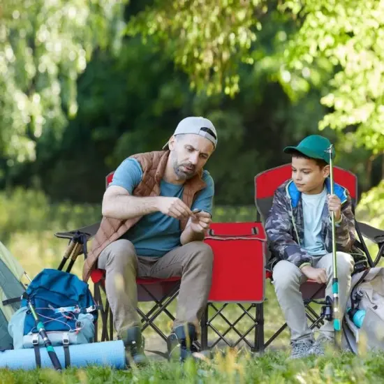 Steel Folding 2-Seater Camping Chair with Canopy and Cooler Red {5}