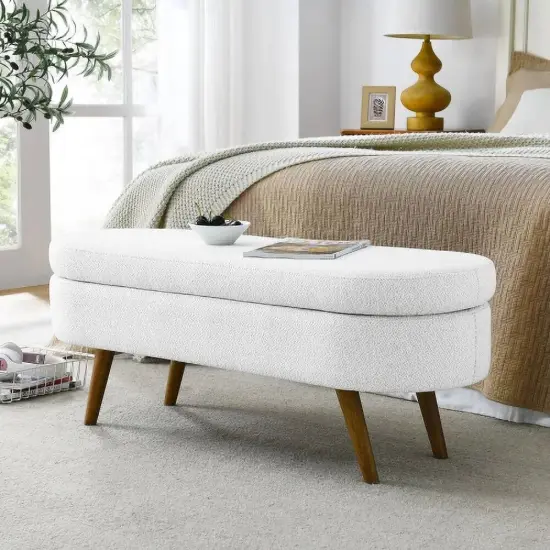 Linen Upholstered Modern Storage Bench with Wood Legs and Flip-Top White {5}