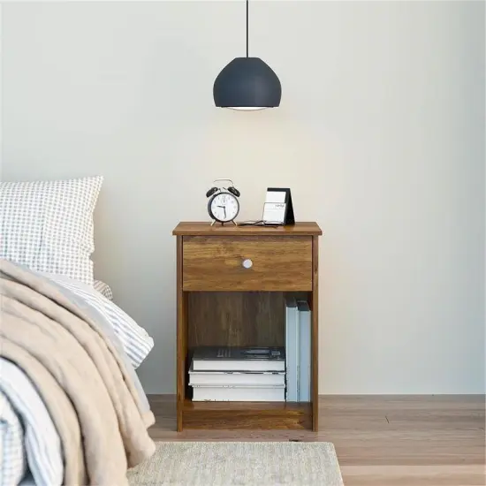 Rustic Brown Oak Bedside Table Nightstand with Drawer and Open Shelf for Bedroom Storage {3}