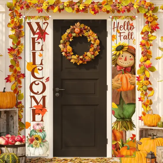 Hello Fall Porch Decor Welcome Hanging Banner {1}