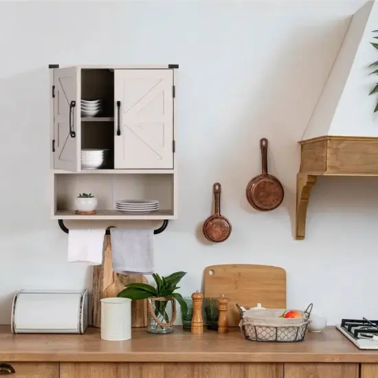 Modern Wooden Bathroom Wall Storage Cabinet with Doors and Towel Rack, Adjustable Shelves Grey {3}