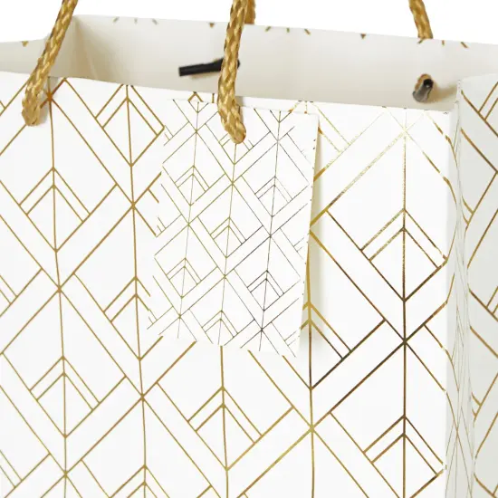 16-Pack Medium White and Gold Gift Bags with Handles & Tags for Weddings Baby Bridal Showers Birthday Party Favors, 4 Geometric Foil Designs (8 x 10 x 4.5 Inch) {4}