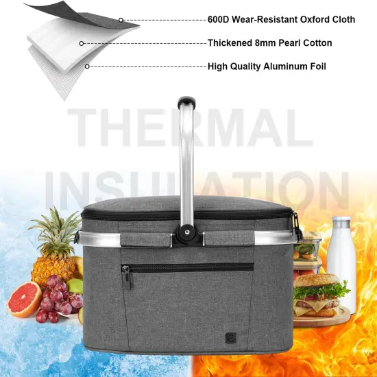 Insulated Cooler Bag Portable Collapsible Picnic Basket Cooler Bag Collapsible, Leakproof, Lightweightwith Sewn in Frame (Medium Gray {5}
