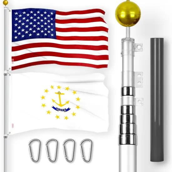 G128 Combo Pack: 20 Ft Telescoping Aluminum Flagpole (Silver) & American and Rhode Island No Golden Border Flags 3x5 Ft, Both ToughWeave Series Embroidered Polyester | Pole with Flags Included {1}