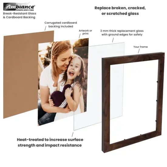 Ambiance Break-Resistant Picture Frame Glass and Backing, 12x12" Pack of 6, for Replacement or Empty Frames, 2mm Thick, Rounded Edges for Safe Handling, White Corrugated Cardboard {3}