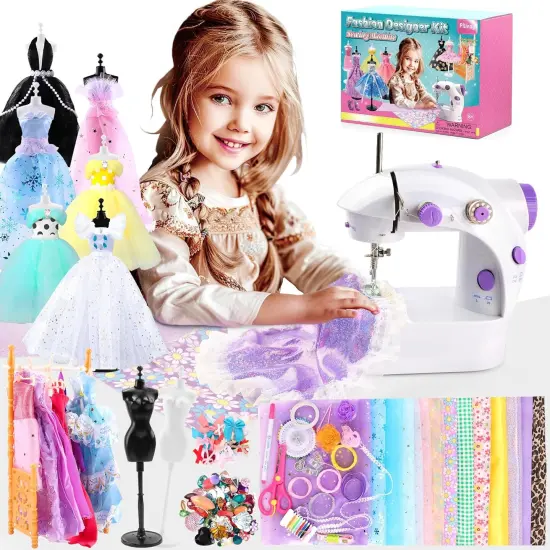 Mini Sewing Machine for Beginners - 240 Pieces Fashion Designer Kit with Portable Sewing Machine for Girls, DIY Doll Clothes Making Kit with 2 Mannequins, Creativity Gift Toy for Kids {1}