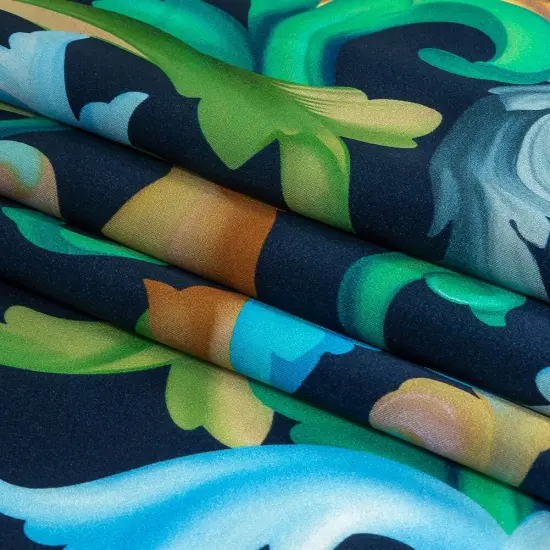 1 Yard Italian Navy Gold and Blue Ornate Swirls Silk Charmeuse 53 Inches Wide {3}