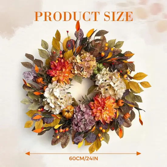 Fall Wreath with Beige Hydrangea and Orange Dahlia - 24 Inch {3}