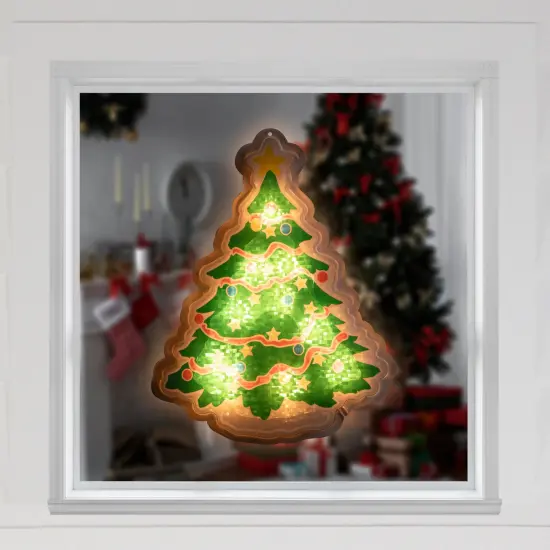 Northlight Lighted Holographic Christmas Tree Window Silhouette - 12.5" - Clear Lights Green {4}