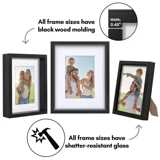 Americanflat Set of 3 Picture Frames - Includes 5x7, 6x8, 8x10 Frames - Use as 4x6 and 5x7 Frames with Included Mat - Black Picture Frames with Deep, High-Quality Molding and Shatter-Resistant Glass {3}